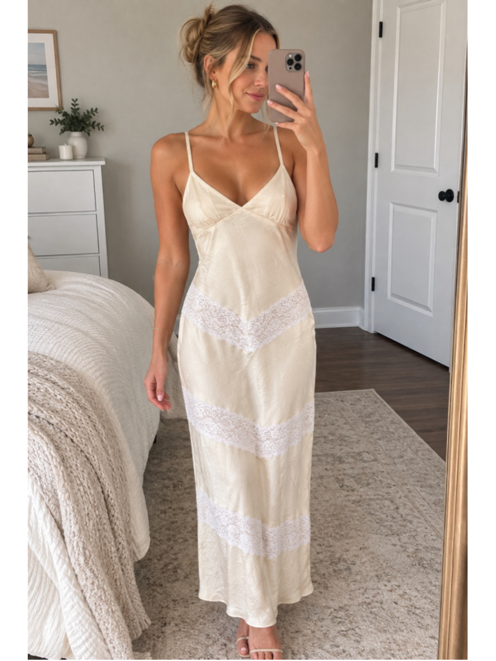 Wild Fable Midi Dress Beige White Lace Trim Slip Dress
